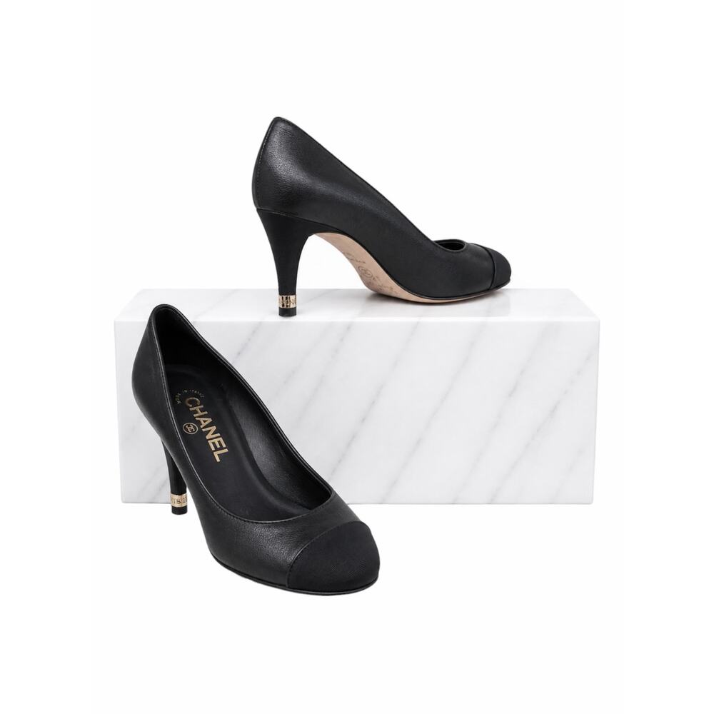 Chanel CC Logo Gold Tipped Heel Cap Toe Leather Pump Black Size 38